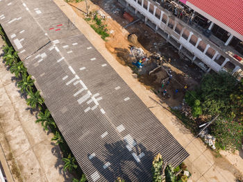 High angle view of street amidst buildings