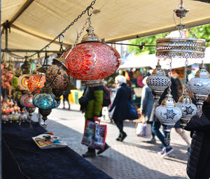 Close-up of lanterns hanging in market