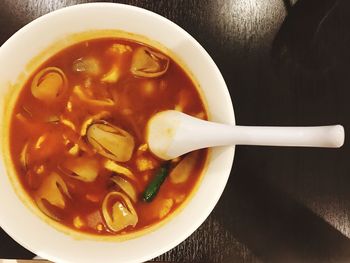 High angle view of soup in bowl