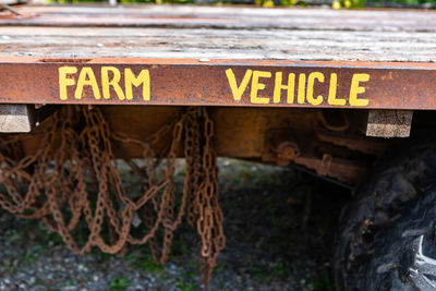 Close-up of text on rusty metal