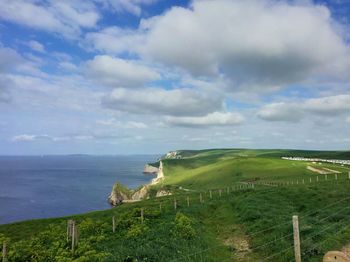 Scenic view of sea against cloudy sky