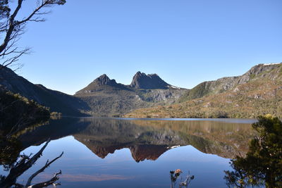 Scenic view of lake and mountains against clear blue sky