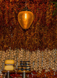 High angle view of fruits hanging in glass