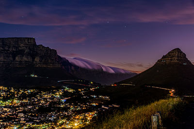 Scenic view of  landscape against sky at night with city lights