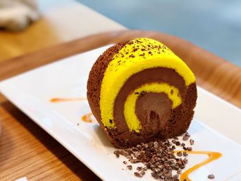 Close-up of chocolate cake in plate