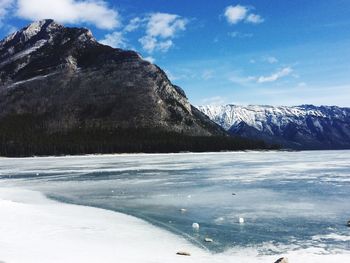 Scenic view of snowcapped mountains by lake against sky