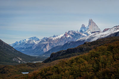 Scenic view of snowcapped mountains against sky