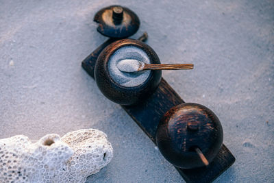 High angle view of ropes on wood