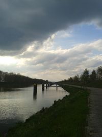 Scenic view of river against cloudy sky