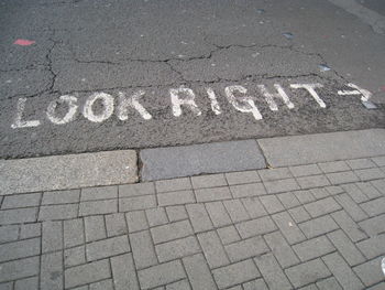 High angle view of text on road
