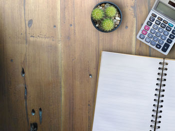 Directly above shot of plant by book and calculator on table