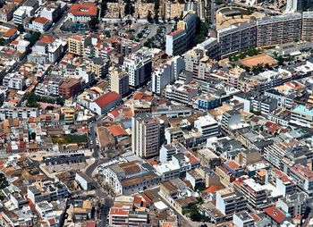 High angle view of modern buildings in city