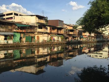 Reflection of buildings in river against sky