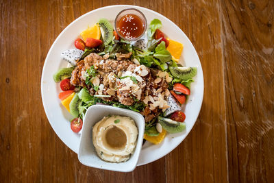 High angle view of salad served on table