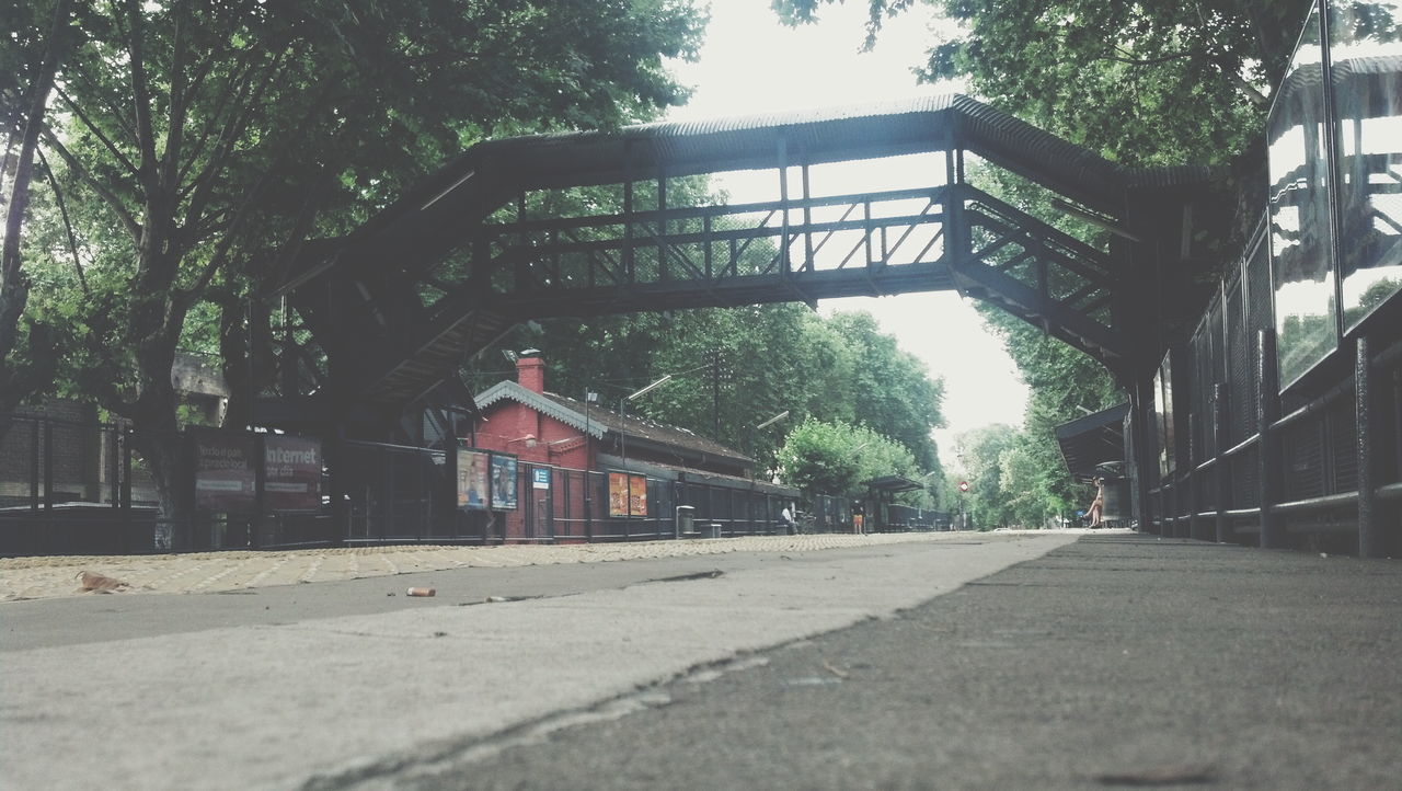 architecture, built structure, the way forward, tree, building exterior, diminishing perspective, transportation, vanishing point, empty, day, sunlight, railing, shadow, street, no people, sky, outdoors, long, clear sky, road