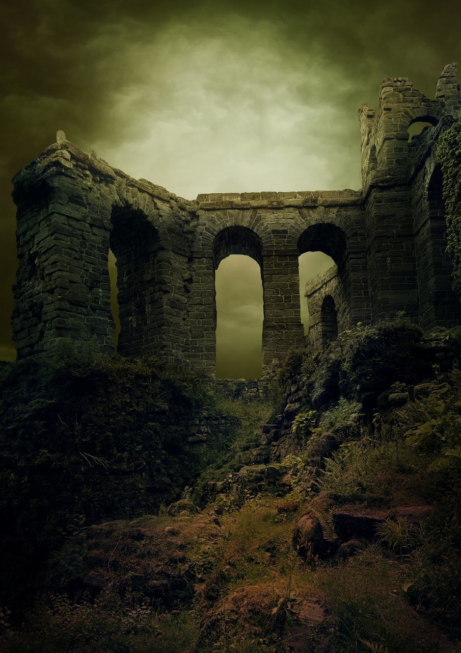 darkness, architecture, history, the past, arch, built structure, ancient, old ruin, sky, cloud, old, nature, no people, night, castle, ruins, rock, travel destinations, dark, spooky, ruined, light, building, mystery, abandoned, ancient history, outdoors, building exterior, medieval, travel, stone material, plant, land, damaged, reflection