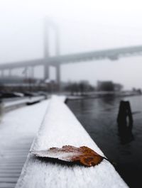 Close-up of snow on bridge over river against sky
