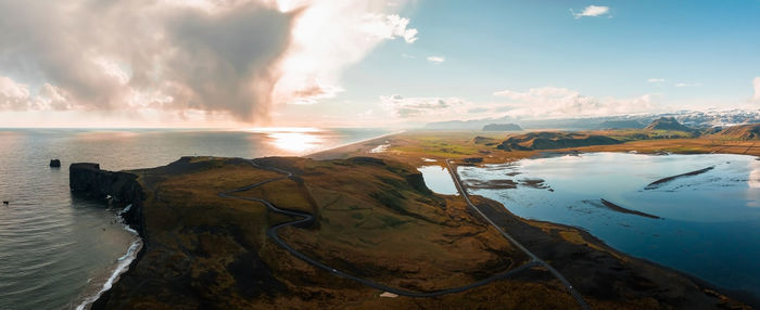 Aerial view of the iceland coastline by the black beach.