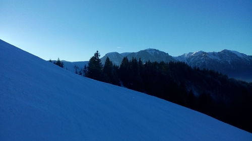 Scenic view of silhouette mountains against clear blue sky