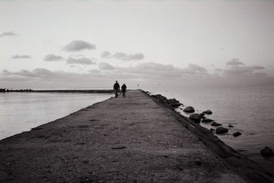 Rear view of people walking on beach against sky