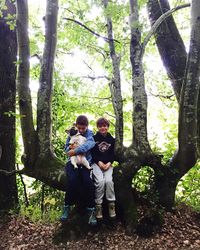 Full length of girl standing on tree trunk in forest