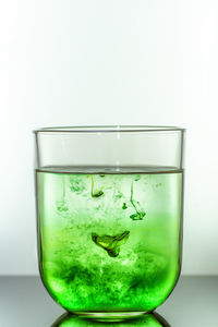 Close-up of glass of water against white background