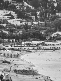 High angle view of townscape by beach