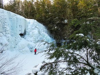 High angle view of man standing by frozen waterfall in forest