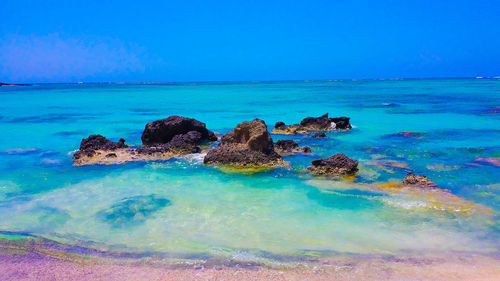 Panoramic view of sea against clear blue sky