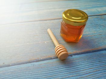 High angle view of drink in glass on table