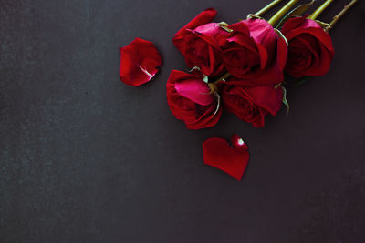 High angle view of red rose on table