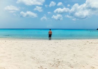 Rear view of man standing on beach against sky