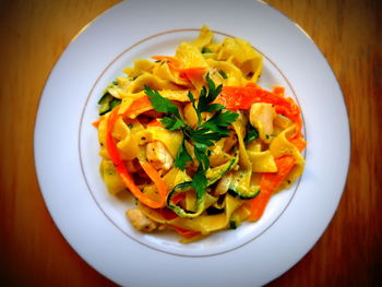 High angle view of salad in bowl on table