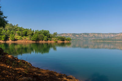 Scenic view of lake against clear blue sky