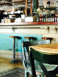 Close-up of chairs and table in cafe