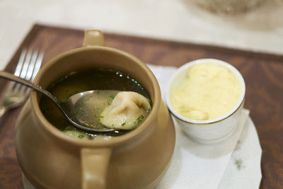 Close-up of soup in bowl on table