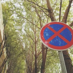 Low angle view of road sign against trees