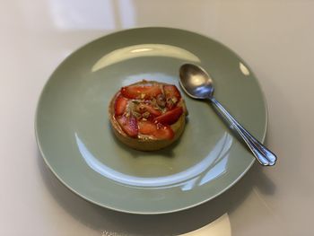 High angle view of food in plate on table