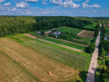 High angle view of agricultural field against sky