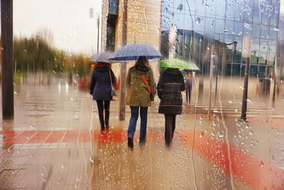 Rear view of woman with umbrella walking in water