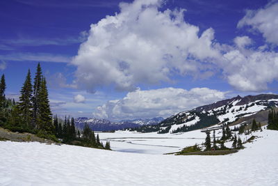 Scenic view of snow covered mountains against sky