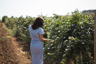 Rear view of woman standing on field