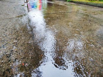 High angle view of raindrops on puddle