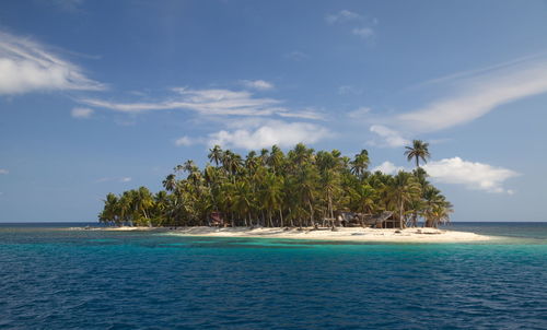 Postcard picture of idyllic island paradise with palm trees in san blas islands, panama.