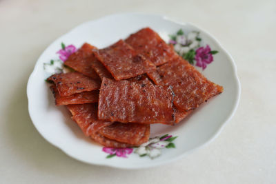 High angle view of sweet food in plate on table