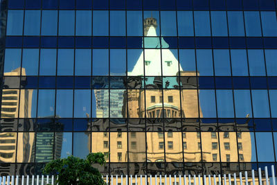 Low angle view of modern building against blue sky