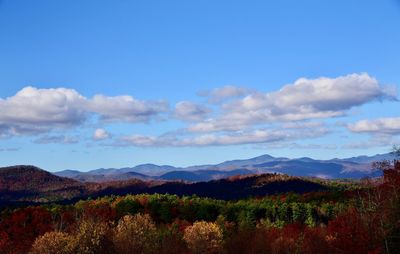 Scenic view of mountains against blue sky