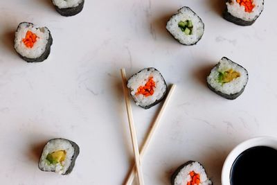 High angle view of sushi in plate