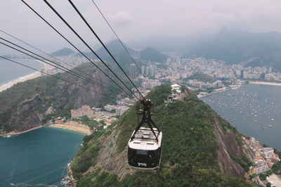 Overhead cable car over mountain and city
