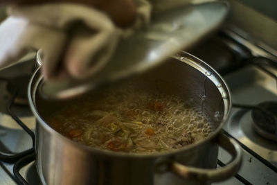 Close-up of meat in cooking pan